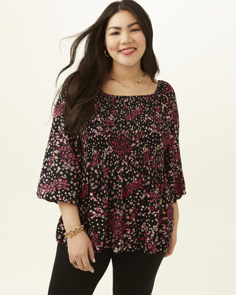 Front of plus size Julia Printed Smocked Woven Top by B COLLECTION BY BOBEAU CURVY | Dia&Co | dia_product_style_image_id:184271